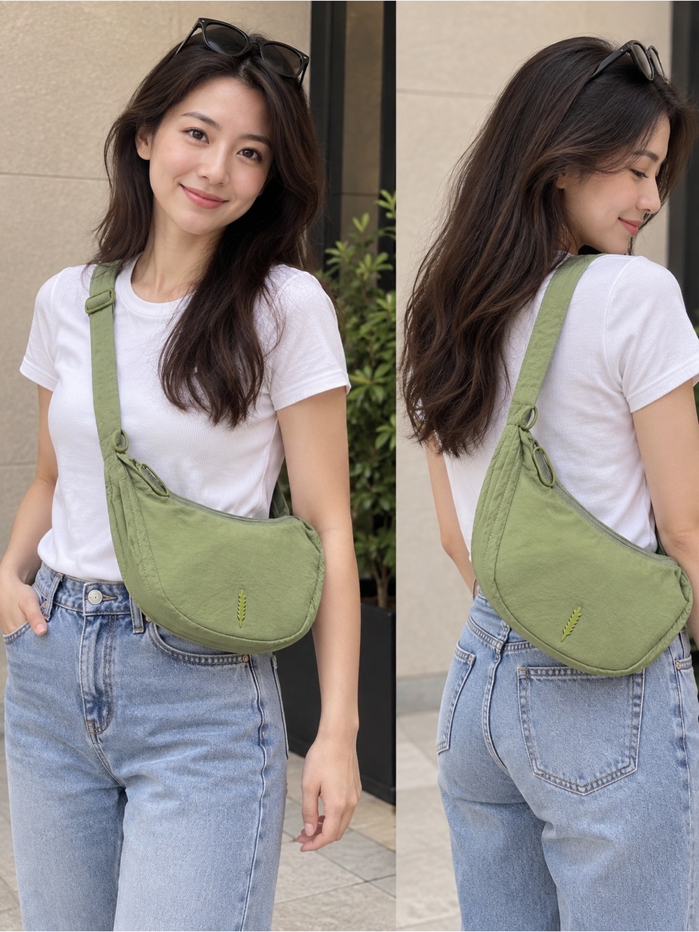 Light Olive Green Crescent Shoulder Bag - Unbranded